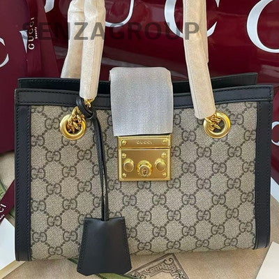 Gucci Padlock Shoulder Bag Beige Black Gold Hardware Women's Fashion