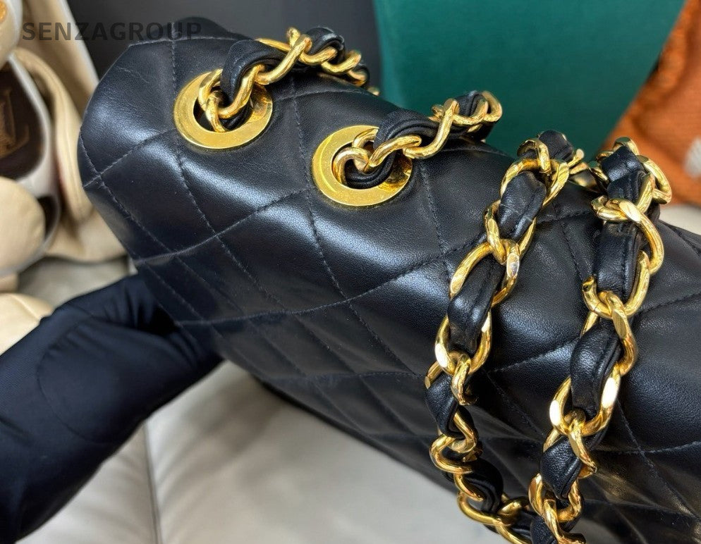Chanel Classic Flap Vintage Chain Shoulder Bag Black Gold Women Diamond