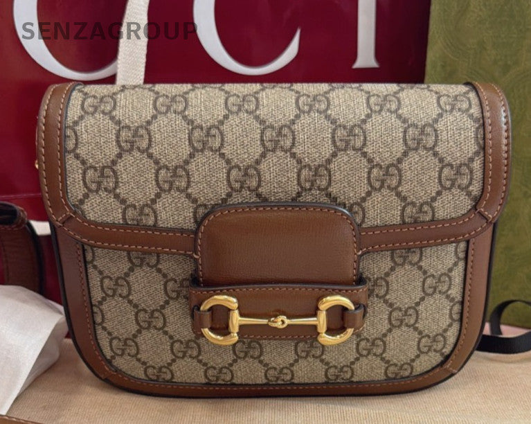 Gucci Horsebit1955 PM 2Straps Shoulder Bag Crossbody Brown Gold Women Classic