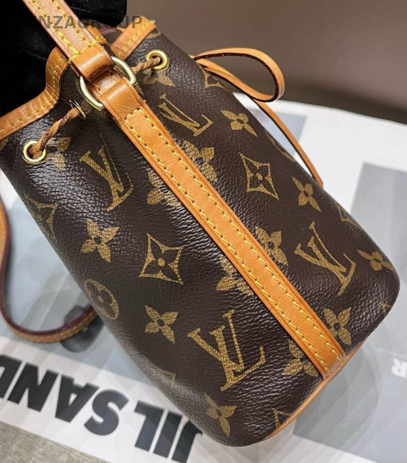 Louis Vuitton Monogram Nano Bucket Bag Crossbody Brown Gold Women Classic