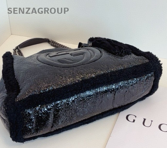 Gucci Soho Tote Chain Lambskin Shoulder Bag Black Silver Women Classic Fashion