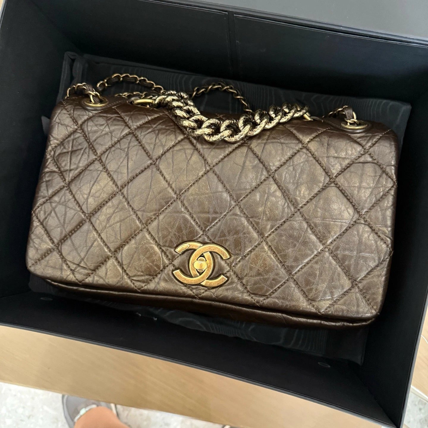 Chanel Oil Wax Dianmond Chain Shoulder Bag Brown Women Classic