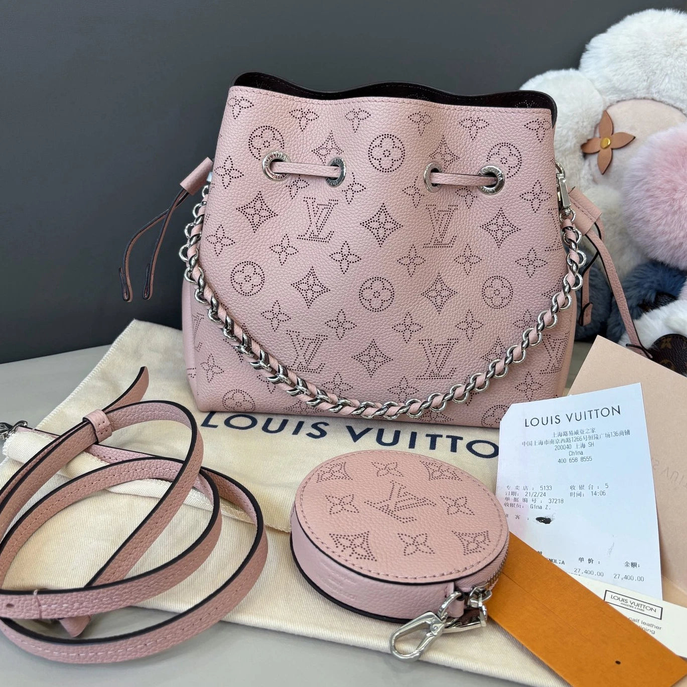 Louis Vuitton Bella Monogram Bucket Chain Shoulder Crossbody Pink Silver