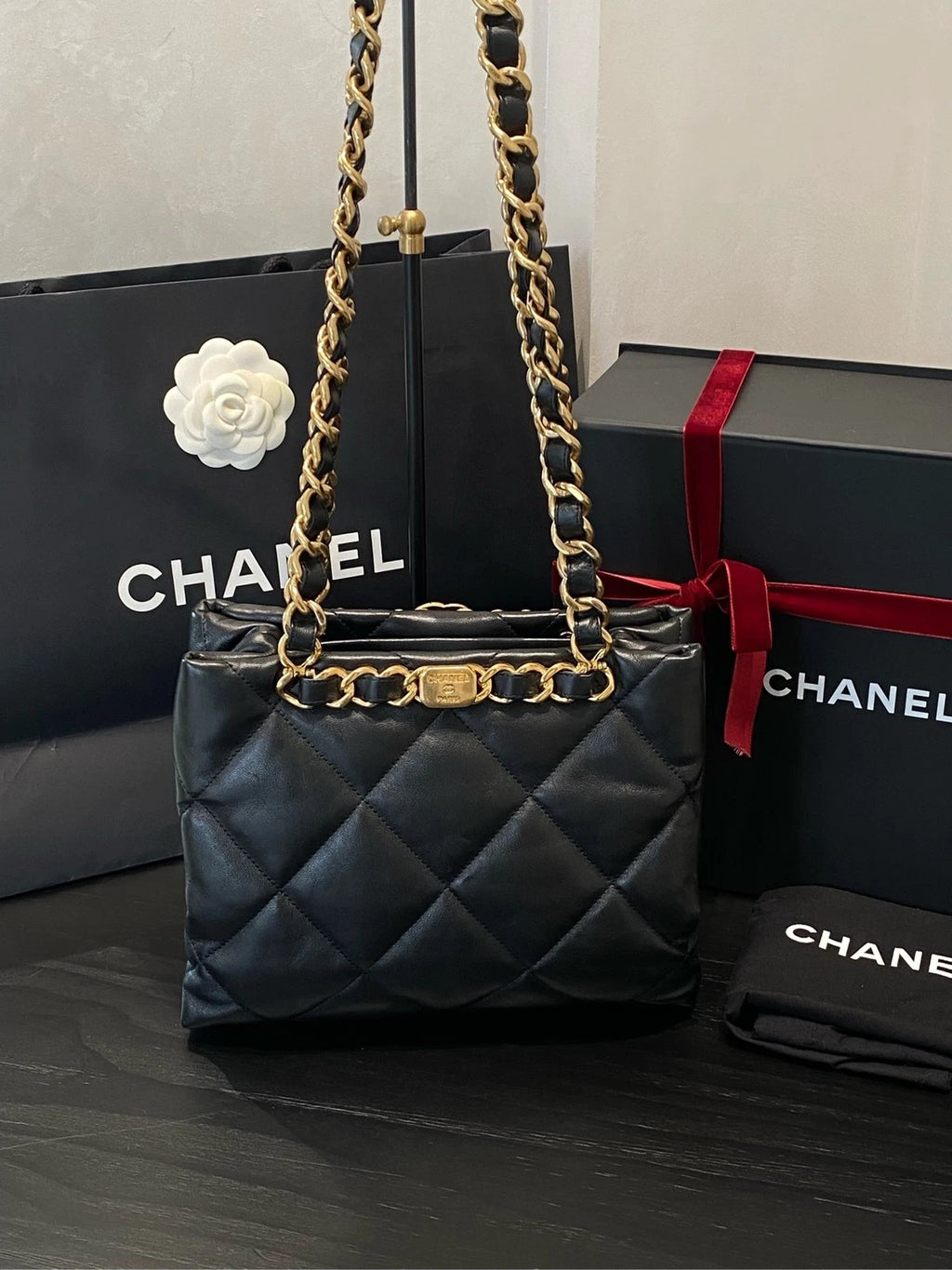 CHANEL Black Gold Puff Small Tote Bag For Women