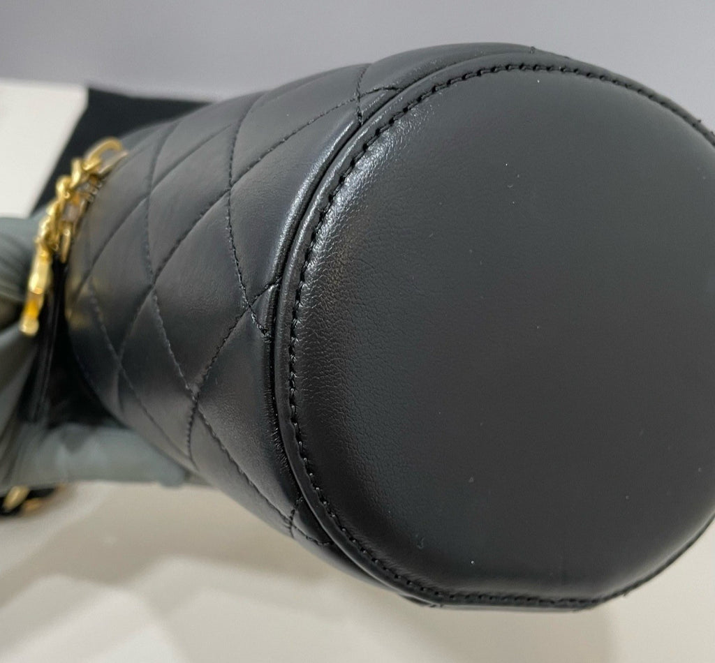 Chanel Diamond Chain Lambskin Cylinder Bag Crossbody Black Gold Women Classic