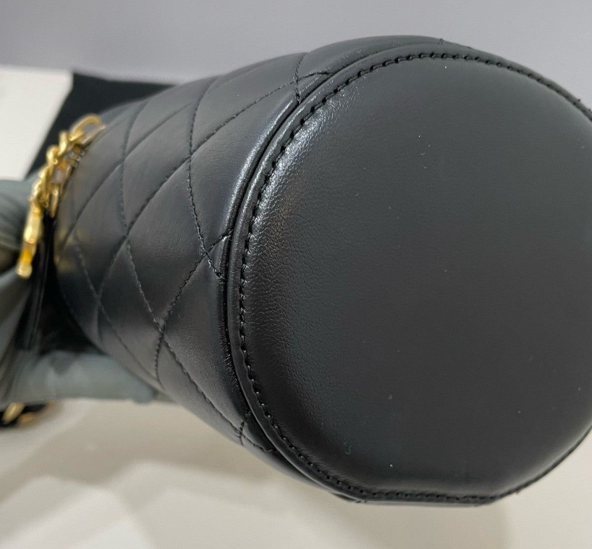Chanel Diamond Chain Lambskin Cylinder Bag Crossbody Black Gold Women Classic