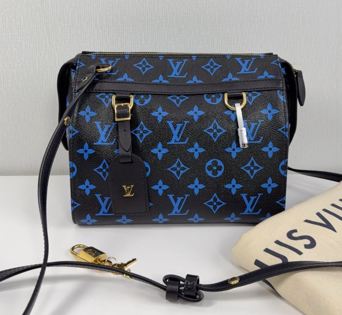 Louis Vuitton Boston Monogram Shoulder Crossbody Blue Black Gold Women Classic