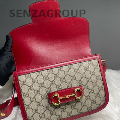 Gucci 1955 Medium GG Horsebit Shoulder Bag Red Beige Classic Women
