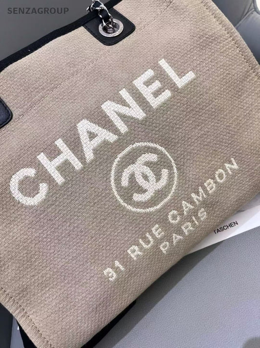 CHANEL Beach Tote Canvas Shoulder Bag Women Beige
