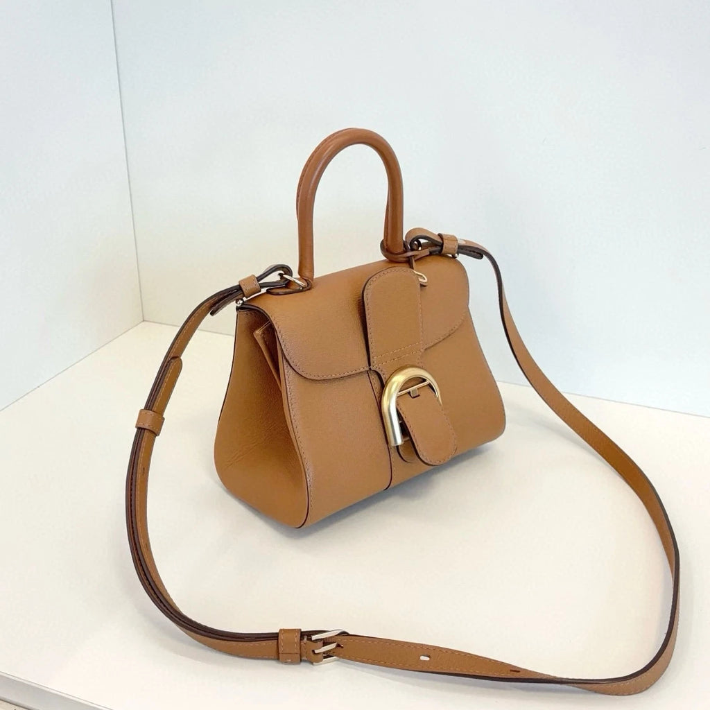 Delvaux Brillant Calfskin PM Top Handle Crossbody Brown Gold Women Classic