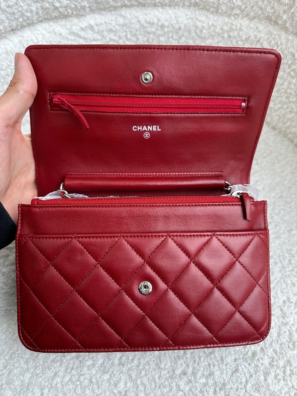 CHANEL Woc Diamond Pattern Chain Shoulder bag Crossbody Red Silver Women