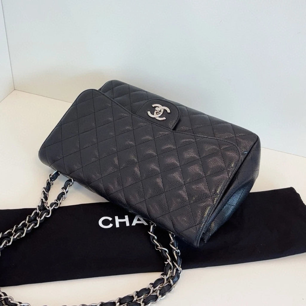 Chanel Classic Flap Jumbo Chain Shoulder Crossbody Black Silver Women Diamond