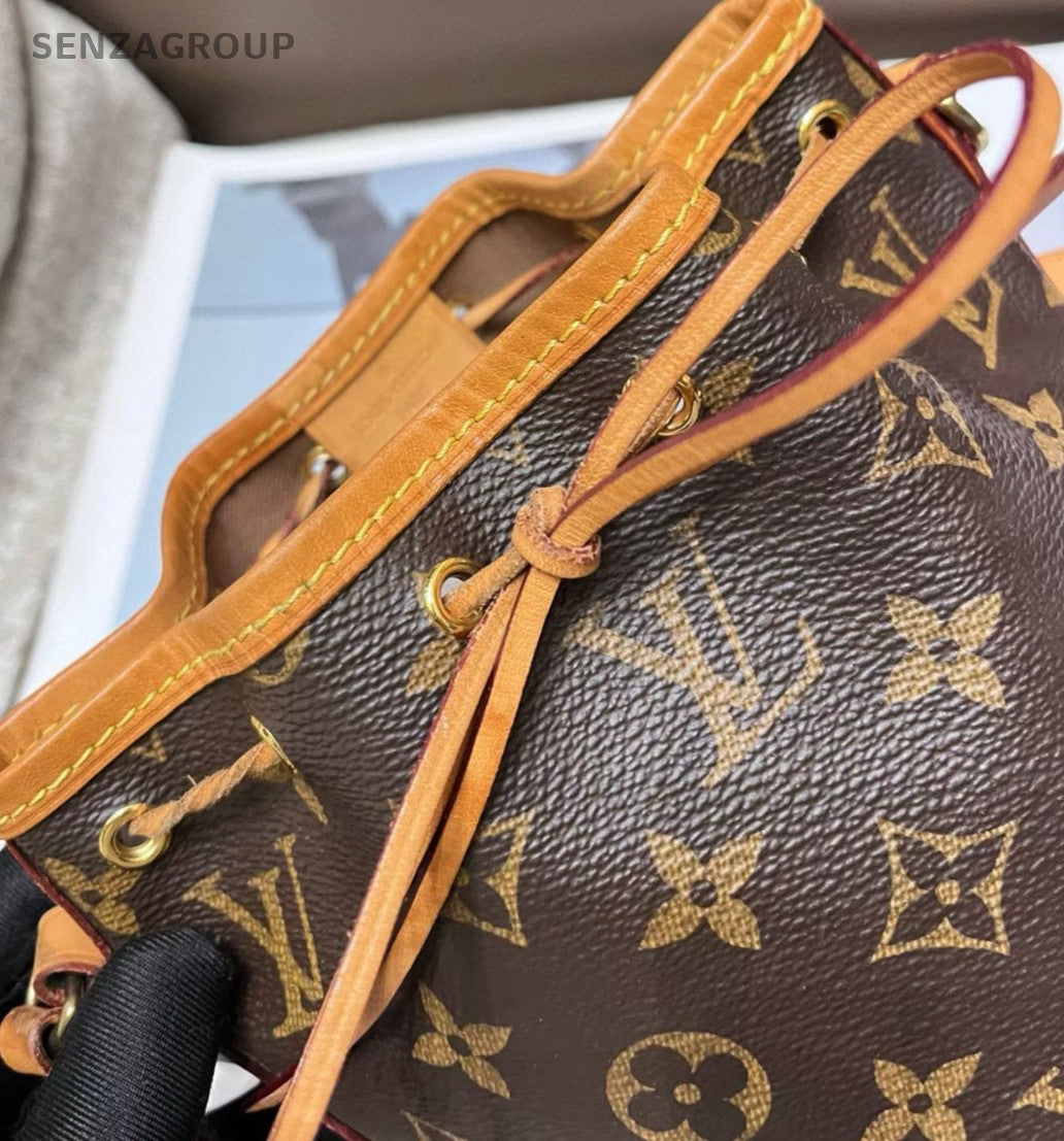 Louis Vuitton Monogram Nano Bucket Bag Crossbody Brown Gold Women Classic