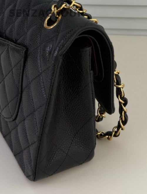 Chanel Classic Flap MM Chain Shoulder Bag Black Red Gold Used Women CC Logo