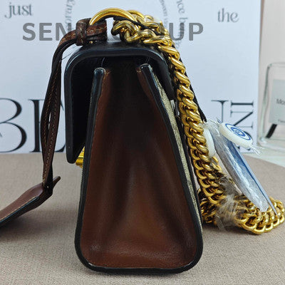 Gucci GG Marmont Padlock Small Shoulder Bag Black Brown Gold Chain
