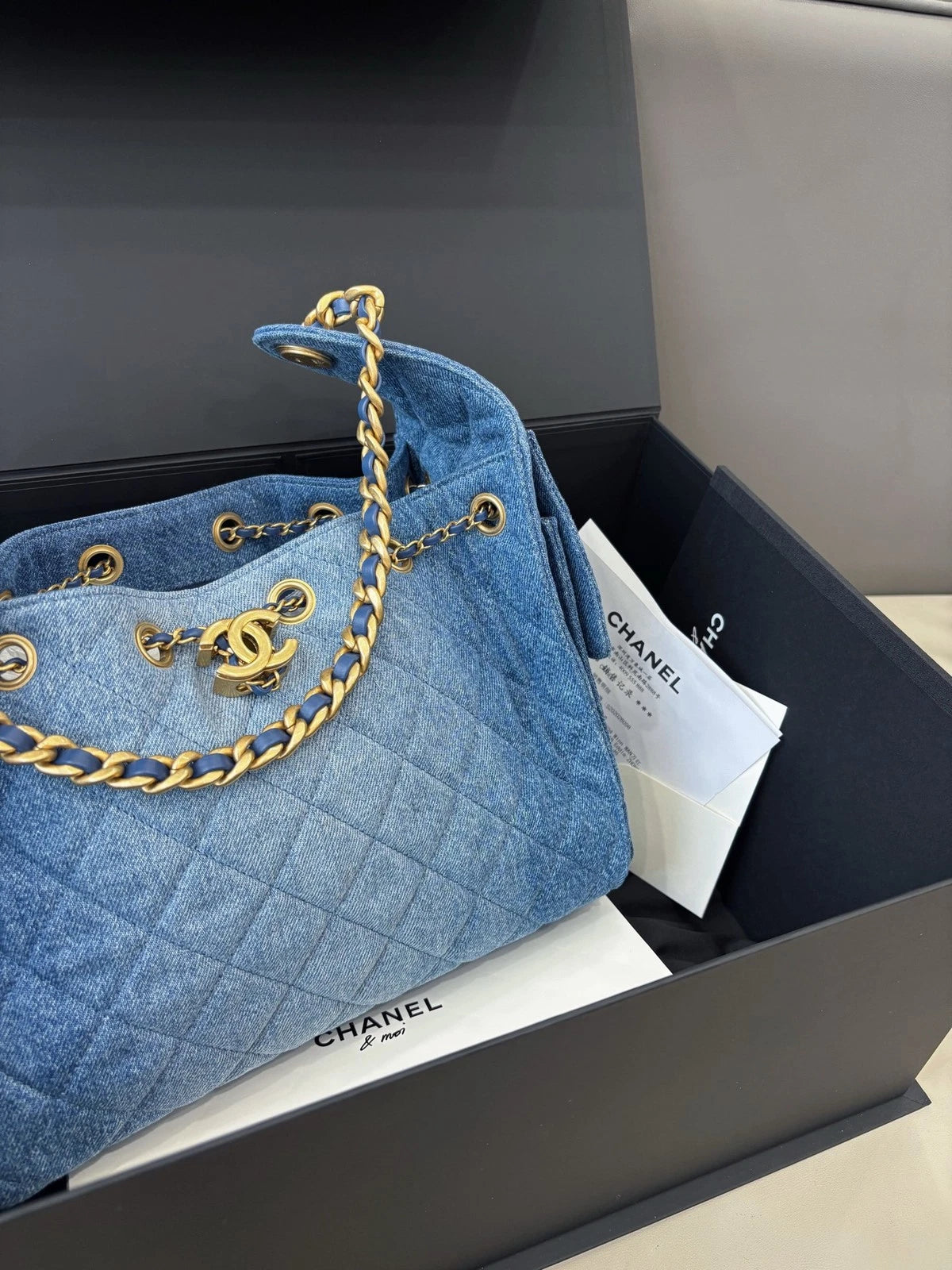 Chanel 25 Small Denim Hobo Shoulder Bag Casual Crossbody Blue Gold