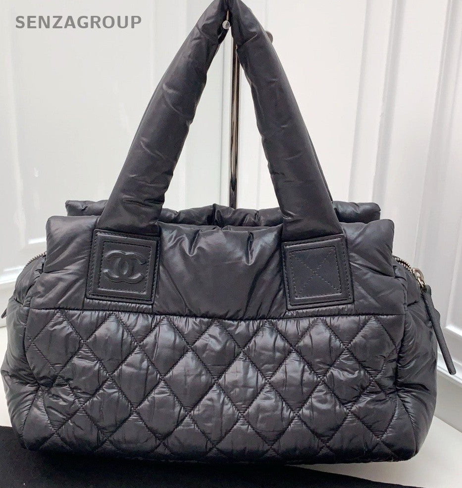 CHANEL Puffer Fabric Tote Pillow Shoulder Bag Black Women