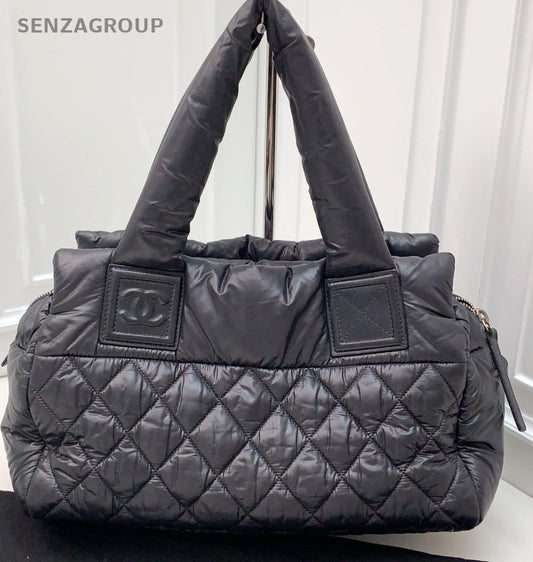 CHANEL Puffer Fabric Tote Pillow Shoulder Bag Black Women