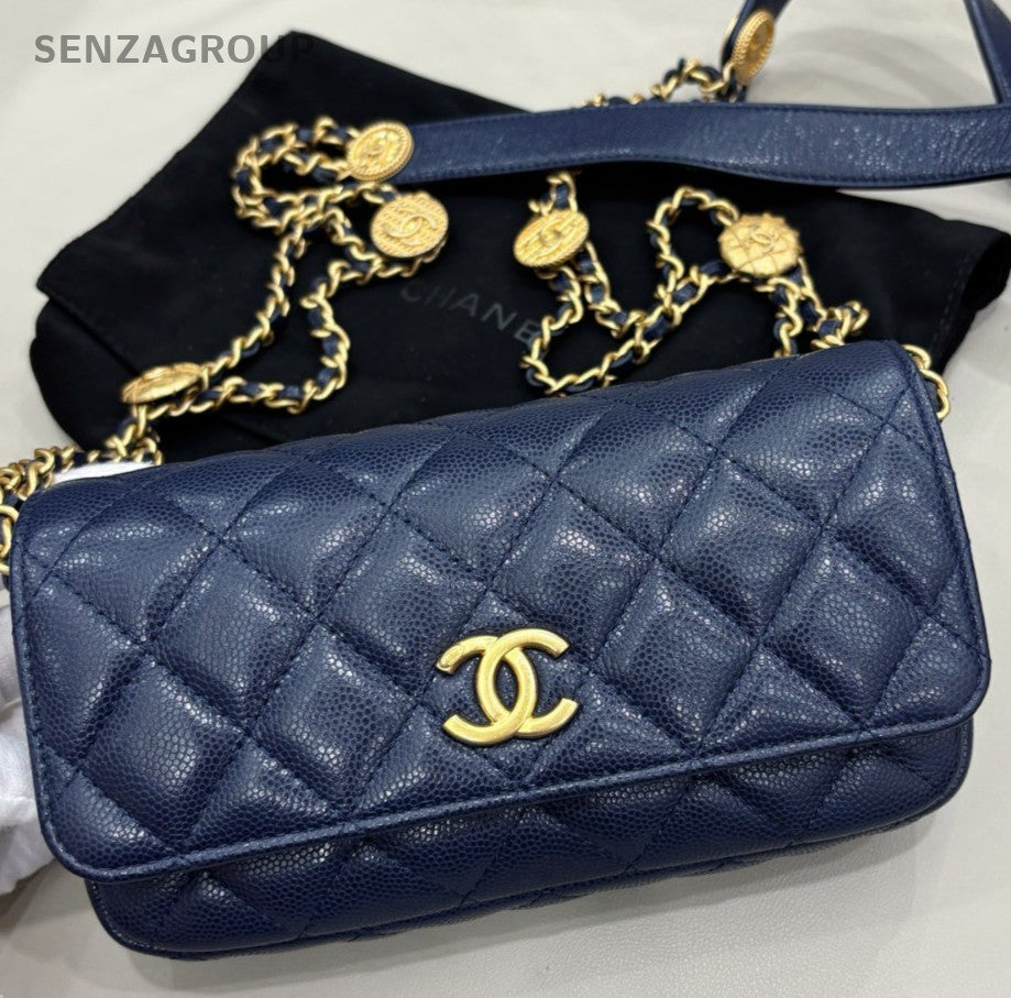 Chanel WOC Gold Coin Chain Shoulder Bag Crossbody Blue Used Women Classic