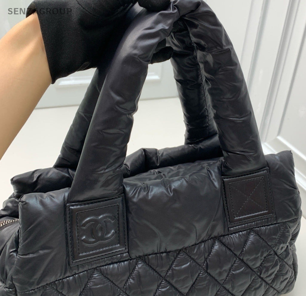 CHANEL Puffer Fabric Tote Pillow Shoulder Bag Black Women