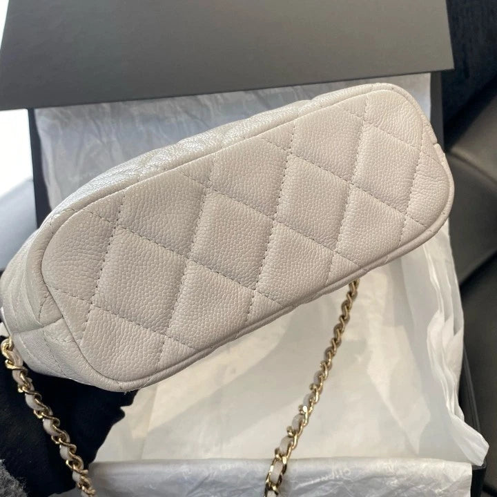 Chanel Calfskin Hobo Top Handle Bag Chain Crossbody White Gold Diamond Women D