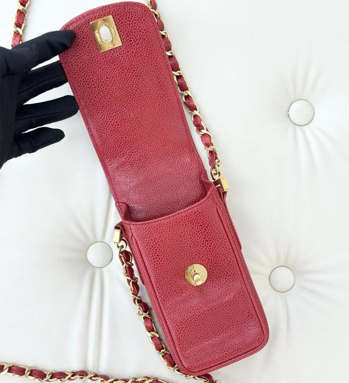 Chanel Vintage Calfskin Phone Bag Red Turn Lock Shoulder Bag Crossbody S