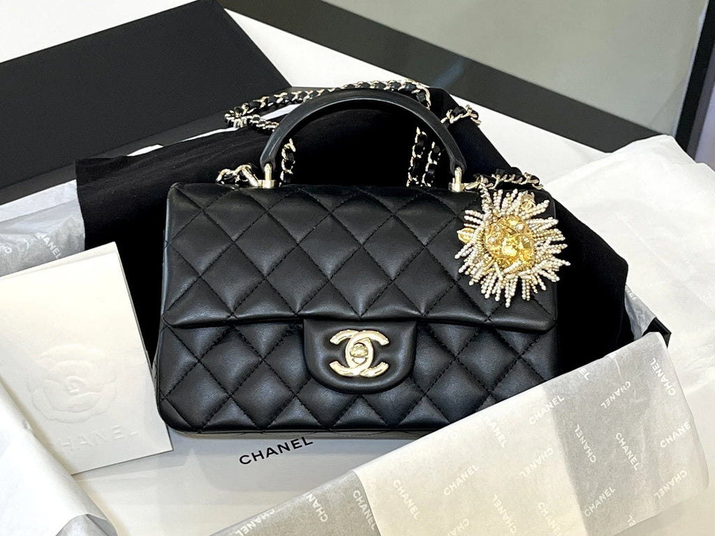 CHANEL CF Big Mini Top Handle Bag Black Lambskin For Women