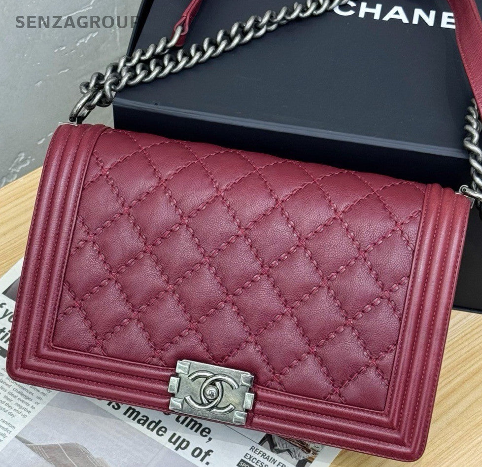 Chanel Leboy MM Chain Shoulder Bag Red Silver Used Women Classic Designer