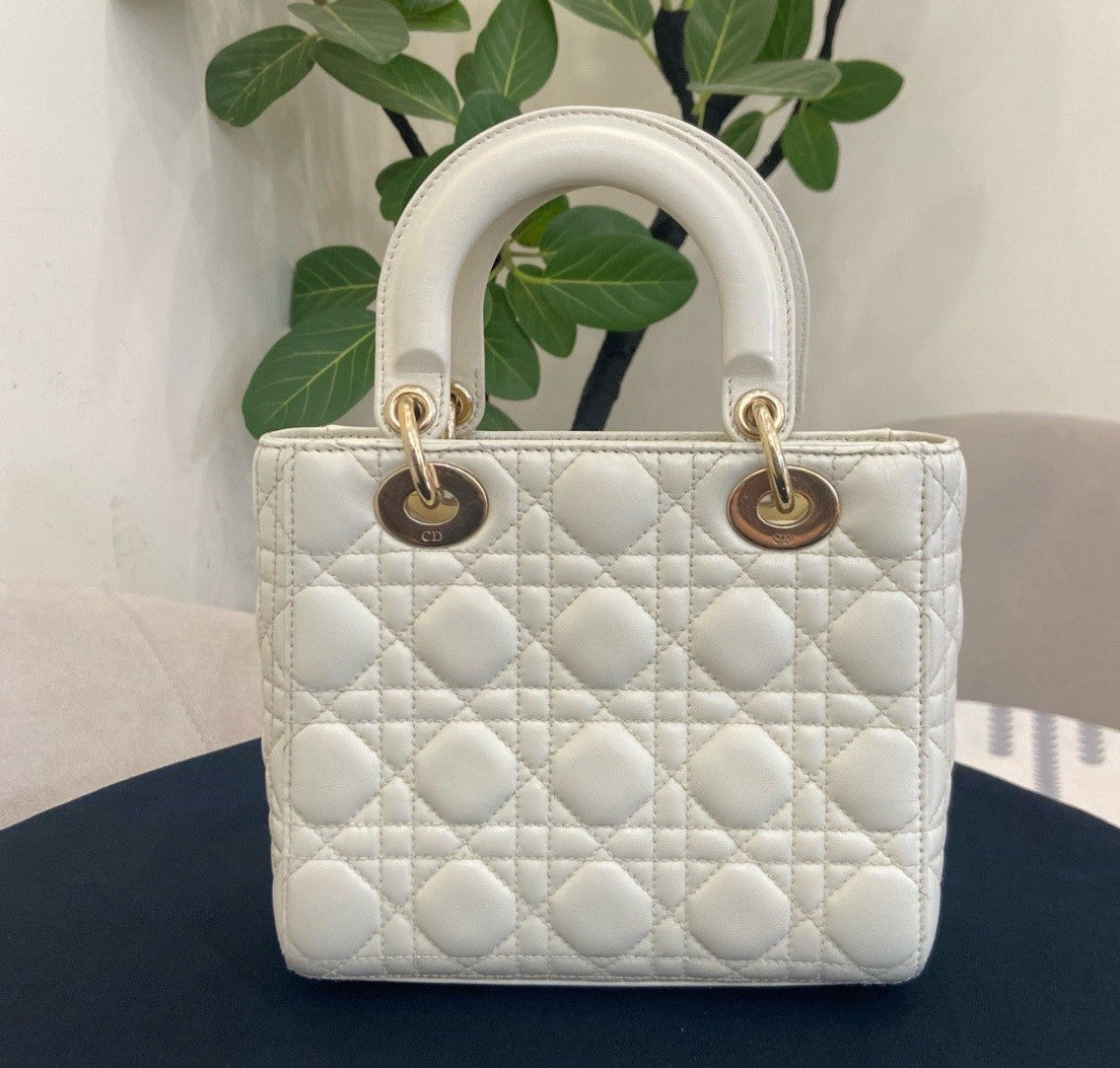 Christian Dior Lady Dior Cannage Crossbody Top Handle Bag White Gold Women