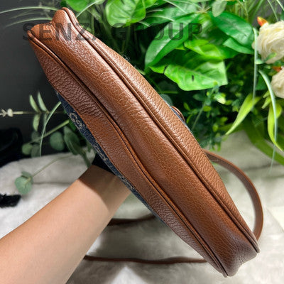 Gucci Denim Shoulder Bag Blue Brown Gold Buckle Classic GG Monogram