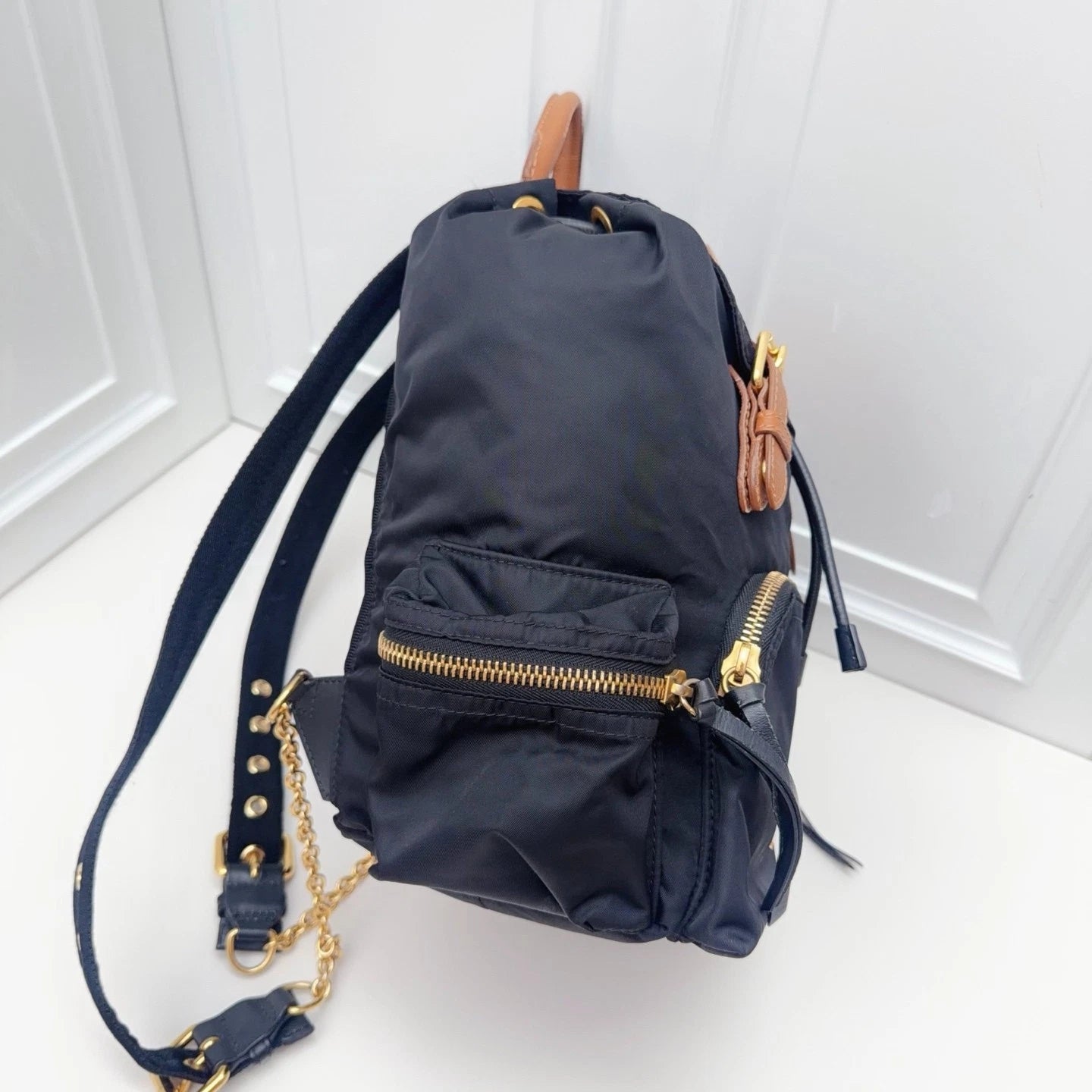 BURBERRY Nylon Backpack Black brown Gold Hardware Unisex Adults Classic