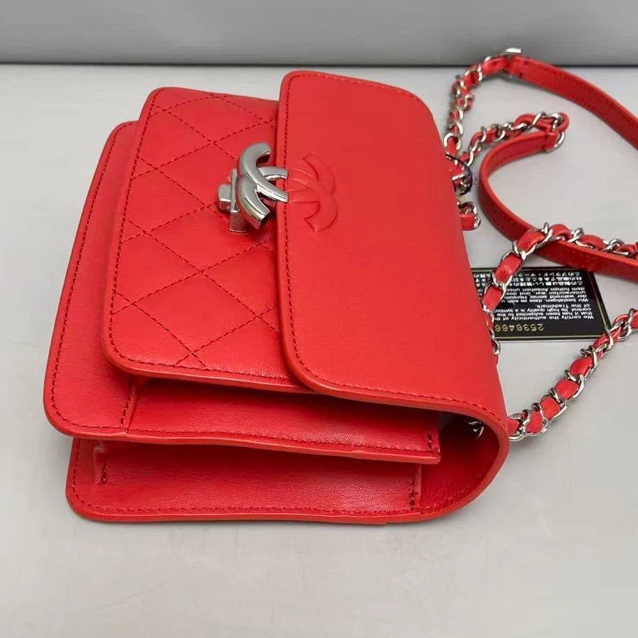 Chanel Cuba Calfskin Chain Shoulder Bag Crossbody Red Silver Women Classic