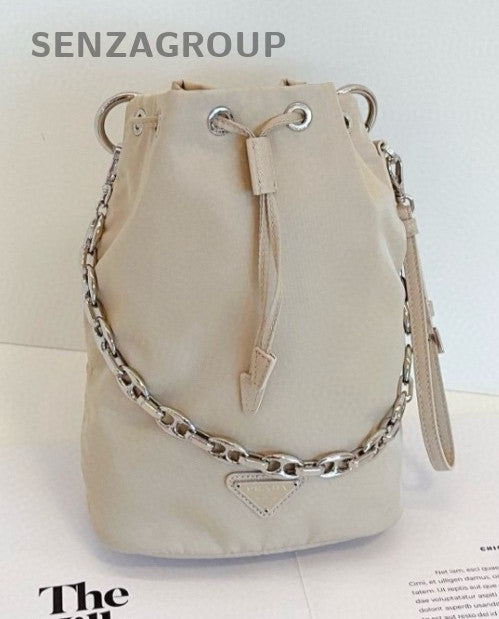 PRADA khaki color Silver Drawstring Bucket Shoulder bag Almost brand new