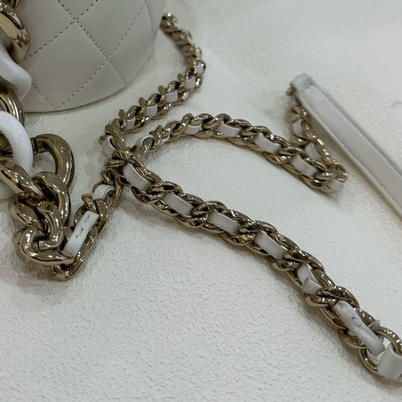 Chanel Quilted Chain Bucket Bag Shoulder Crossbody White Gold Women Fashion
