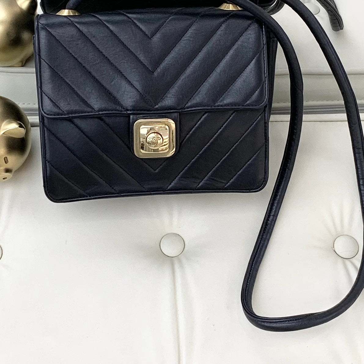 Chanel Chevron Lambskin Shoulder Bag Black Gold Hardware Women Classic S
