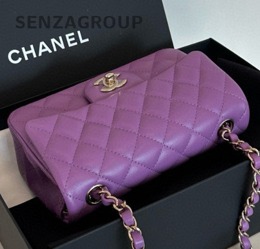 Chanel Classic Flap Mini Chain Shoulder Bag Purple Gold Women Diamond Fashion