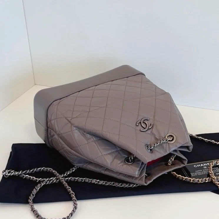 Chanel Gabrielle MM Chain Backpack Shoulder Bag Gray Gold Women Classic