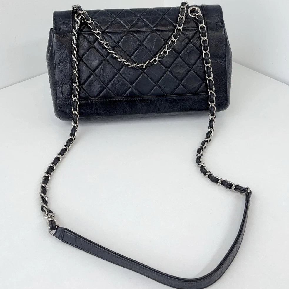 Chanel Water Shine Calfskin Black Silver Crossbody Bag Women Classic