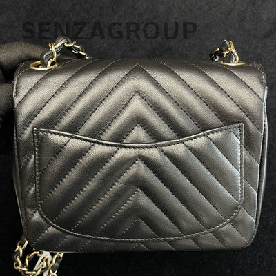 Chanel V-Stitch Square Mini Flap Bag Black Gold Chain Shoulder Crossbody