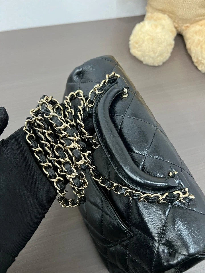 CHANEL Black Gold Leather Top Handle Crossbody Bag For Women