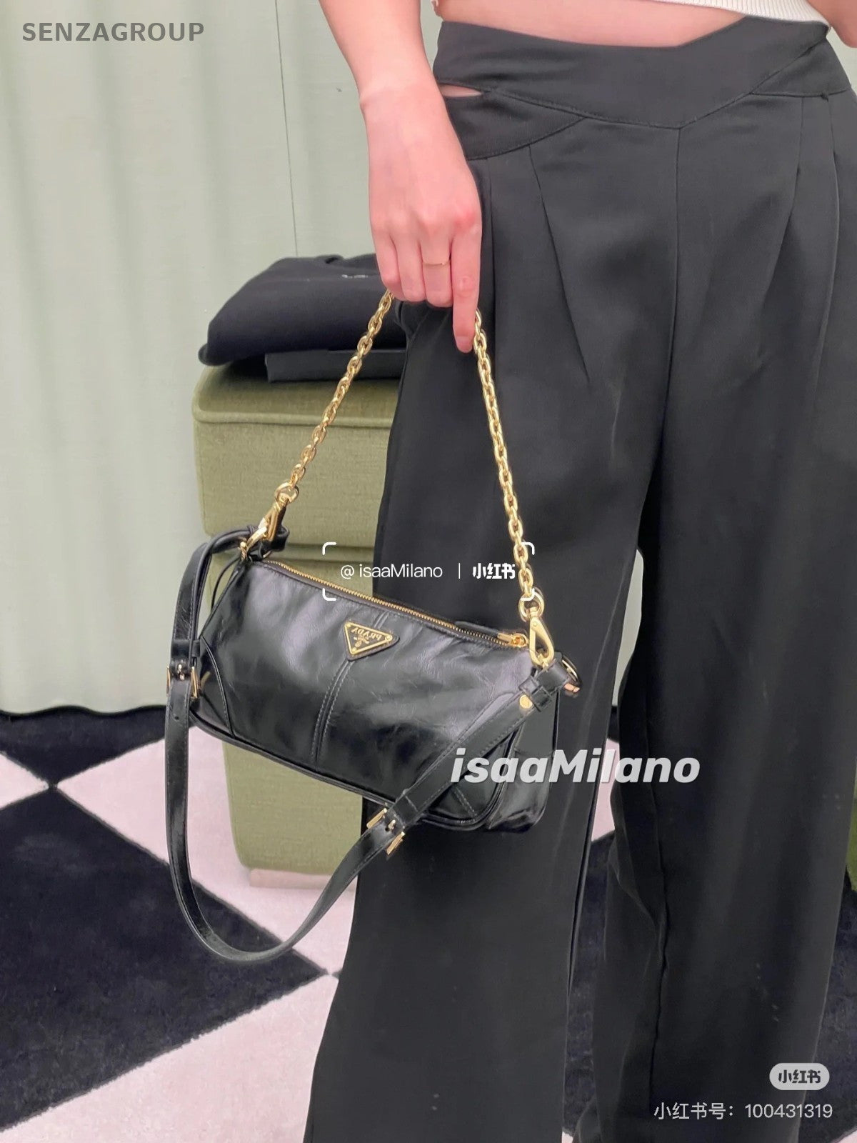 PRADA Triangular enamel metal Shoulder Handbag Black Gold Oil waxed leather