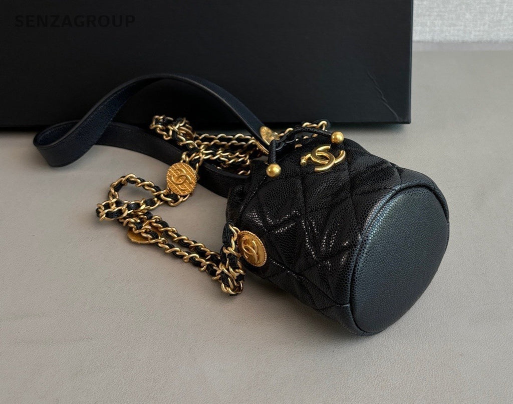 CHANEL 22A Bucket mini Drawstring Chain Shoulder bag Crossbody Women Blakc Gold