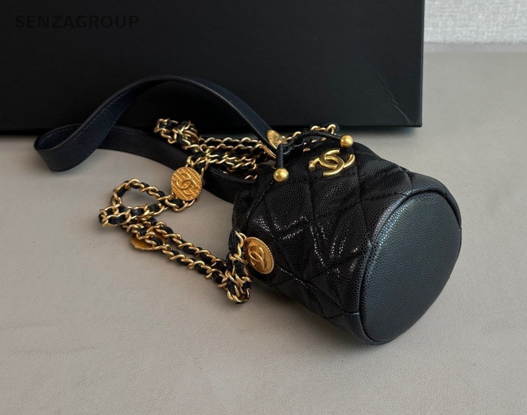 CHANEL 22A Bucket mini Drawstring Chain Shoulder bag Crossbody Women Blakc Gold