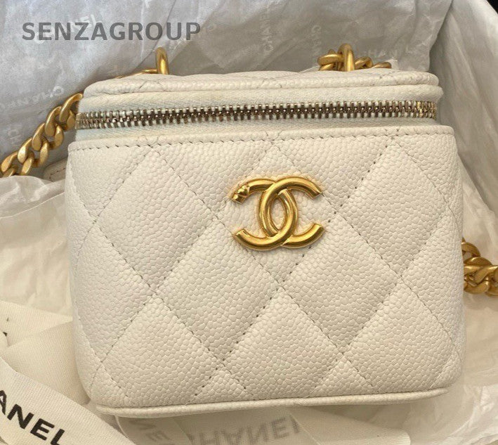 Chanel Vanity Case Calfskin Chain Shoulder Bag Crossbody White Gold Women