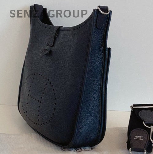 HERMES Evelyne Epsom Leather Shoulder Bag Crossbody Black Silver Used Women
