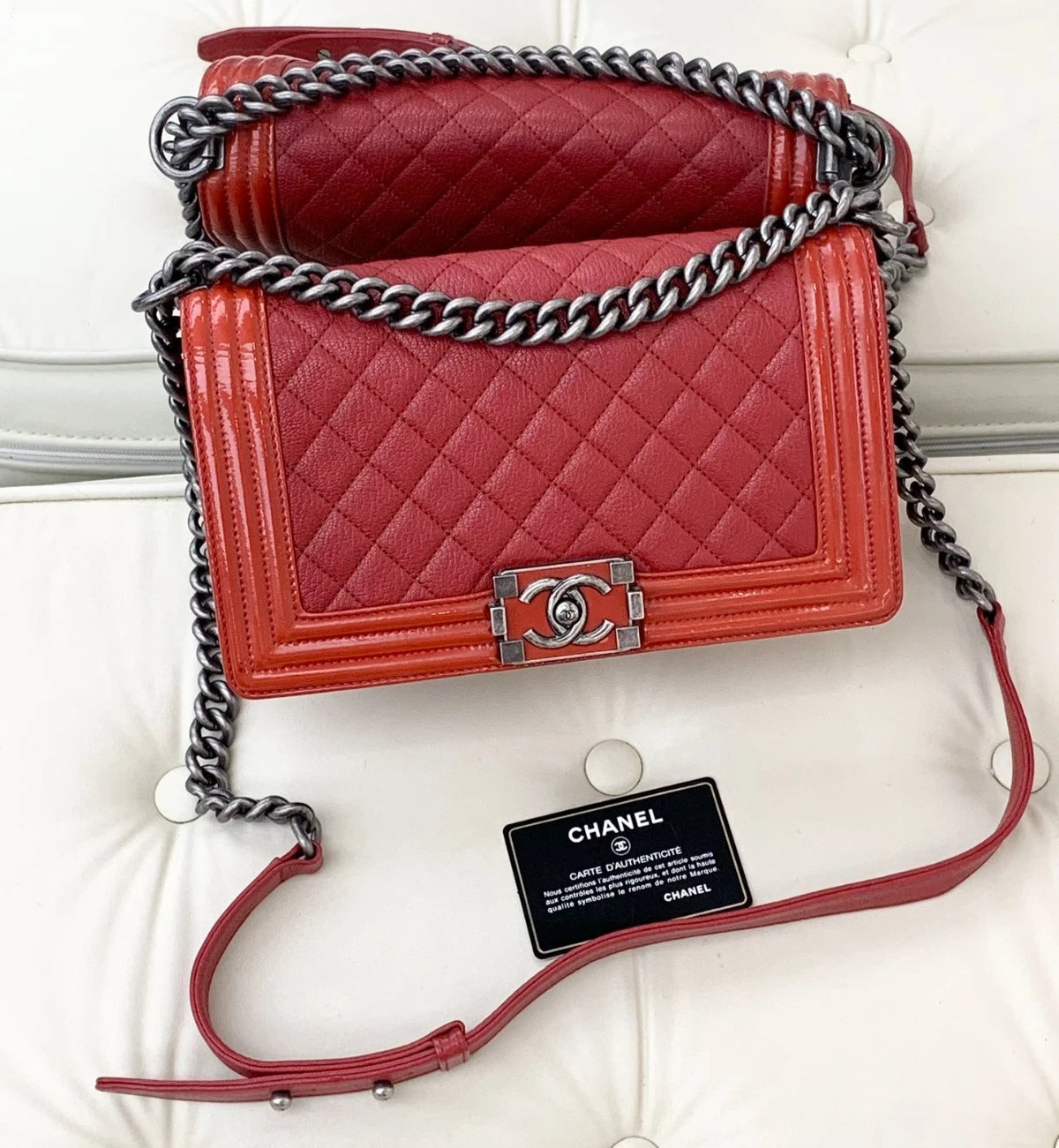 Chanel Leboy MM Calfskin Patent Chain Shoulder Bag Crossbody Red Women S