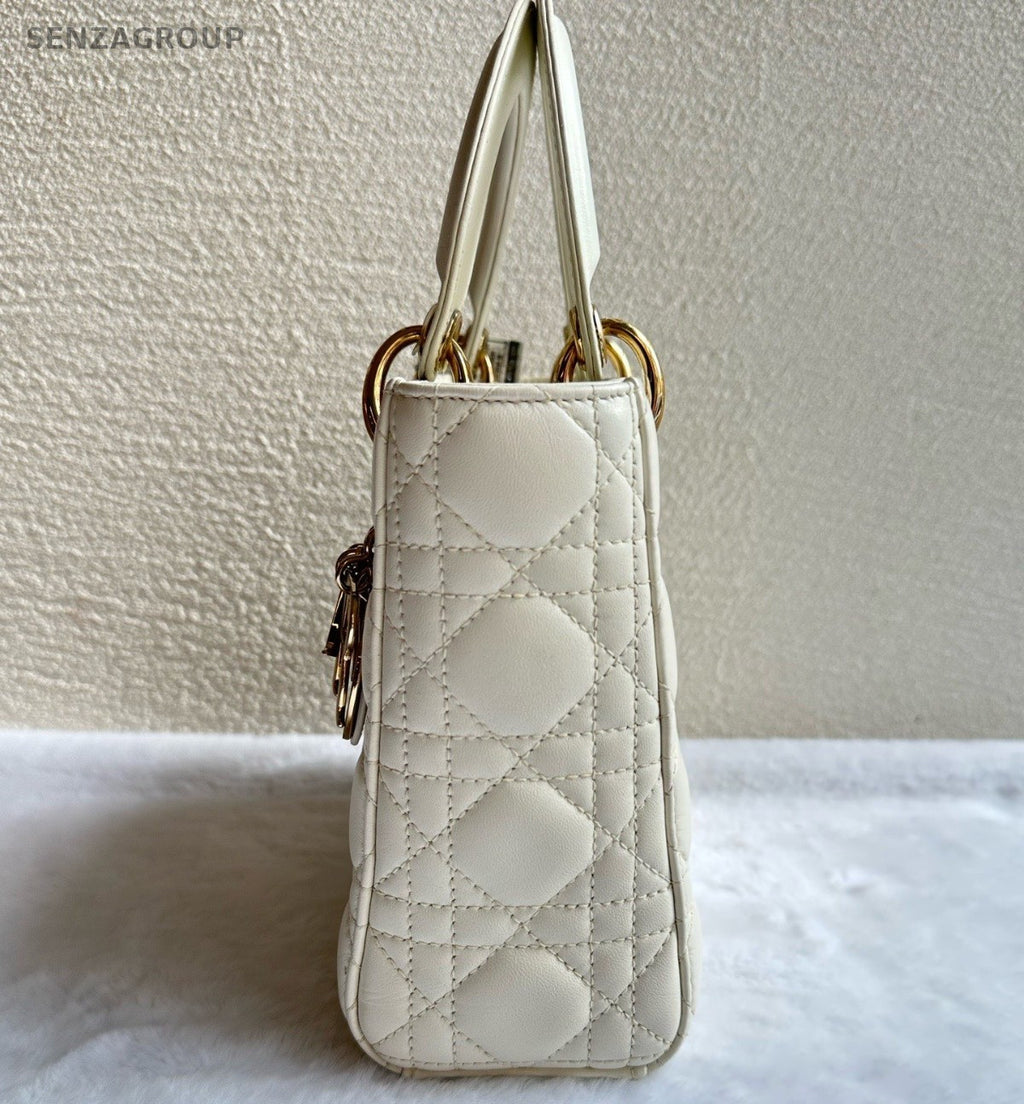 Christian Dior Lady Dior Lambskin Crossbody Top Handle Bag White Gold Women
