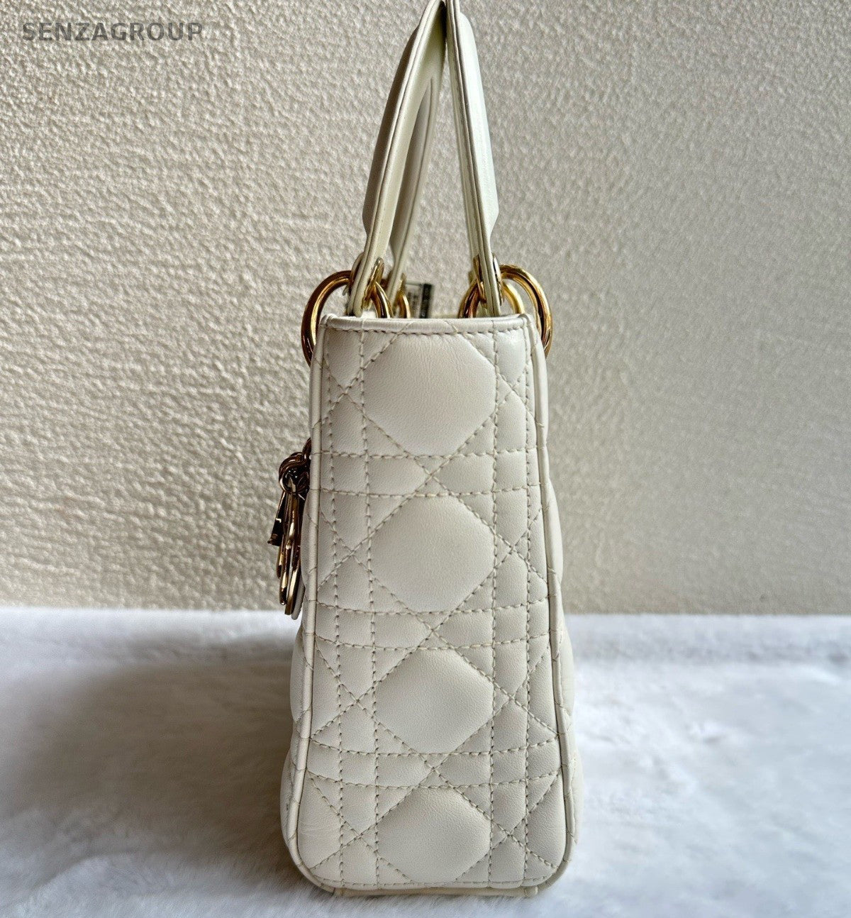 Christian Dior Lady Dior Lambskin Crossbody Top Handle Bag White Gold Women