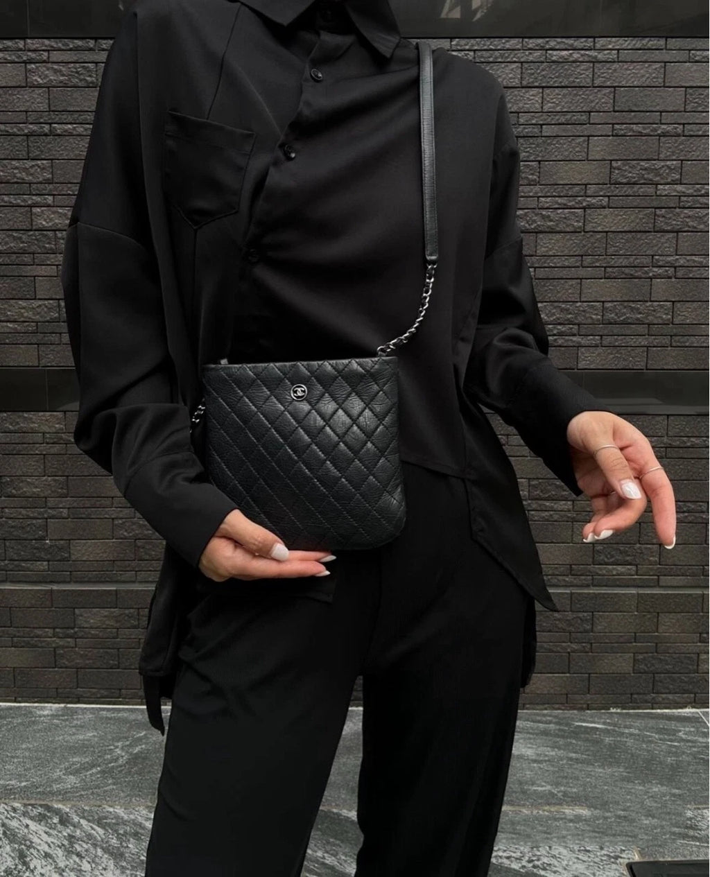 CHANEL Black Silver Leather Messenger Bag For Women