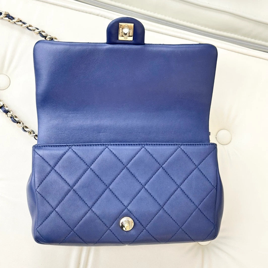 Chanel Calfskin Chain 2Ways Top Handle Bag Crossbody Navy Gold Women Classic S